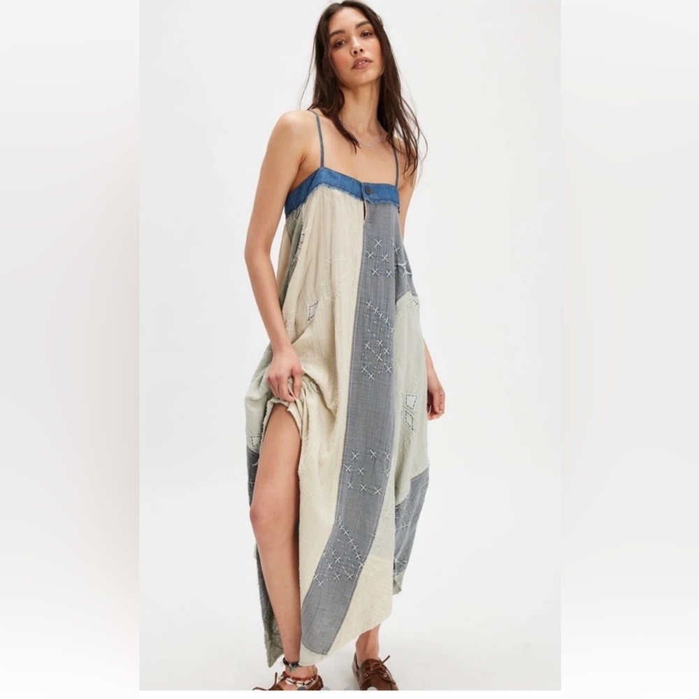 Free People Northern Star Midi Maxi Dress Patchwork Guazy Fade Blue Wash